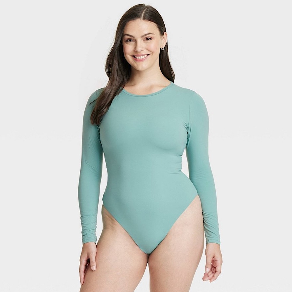 NWOT Auden Women’s 4 Way Stretch Fully Lined Long Sleeve Teal thong Bodysuit